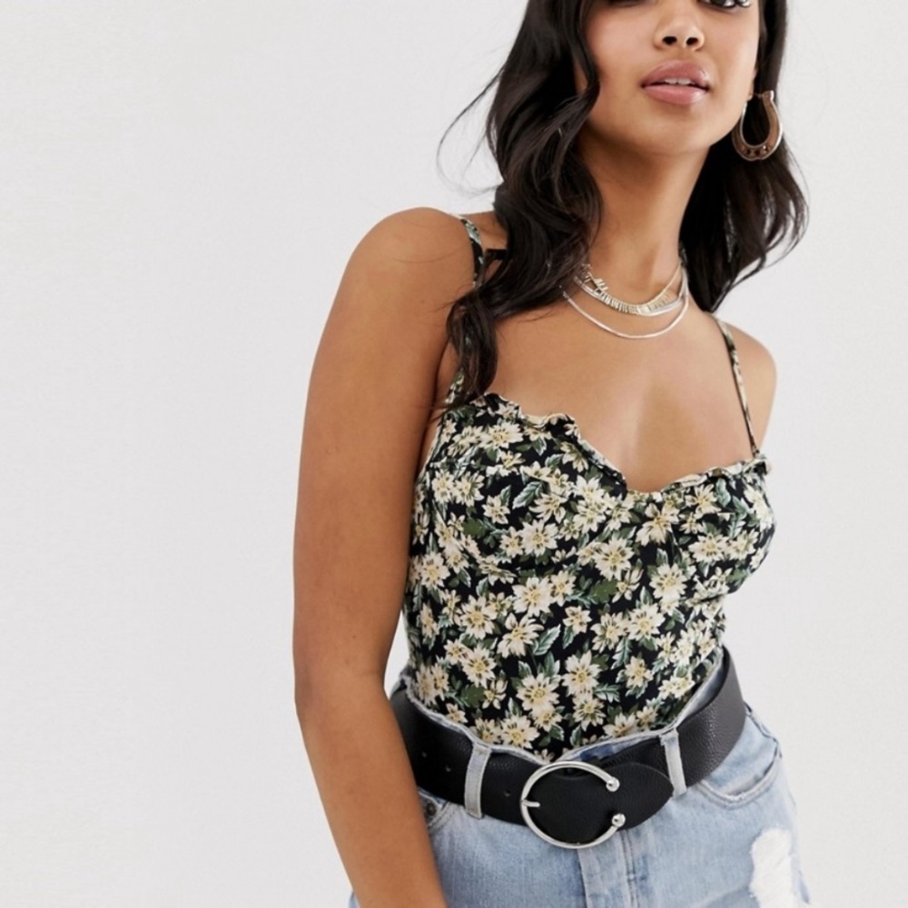 Fun Floral Print Flirty Step-in Bodysuit Ruffle Trim Neck and Structured Cups